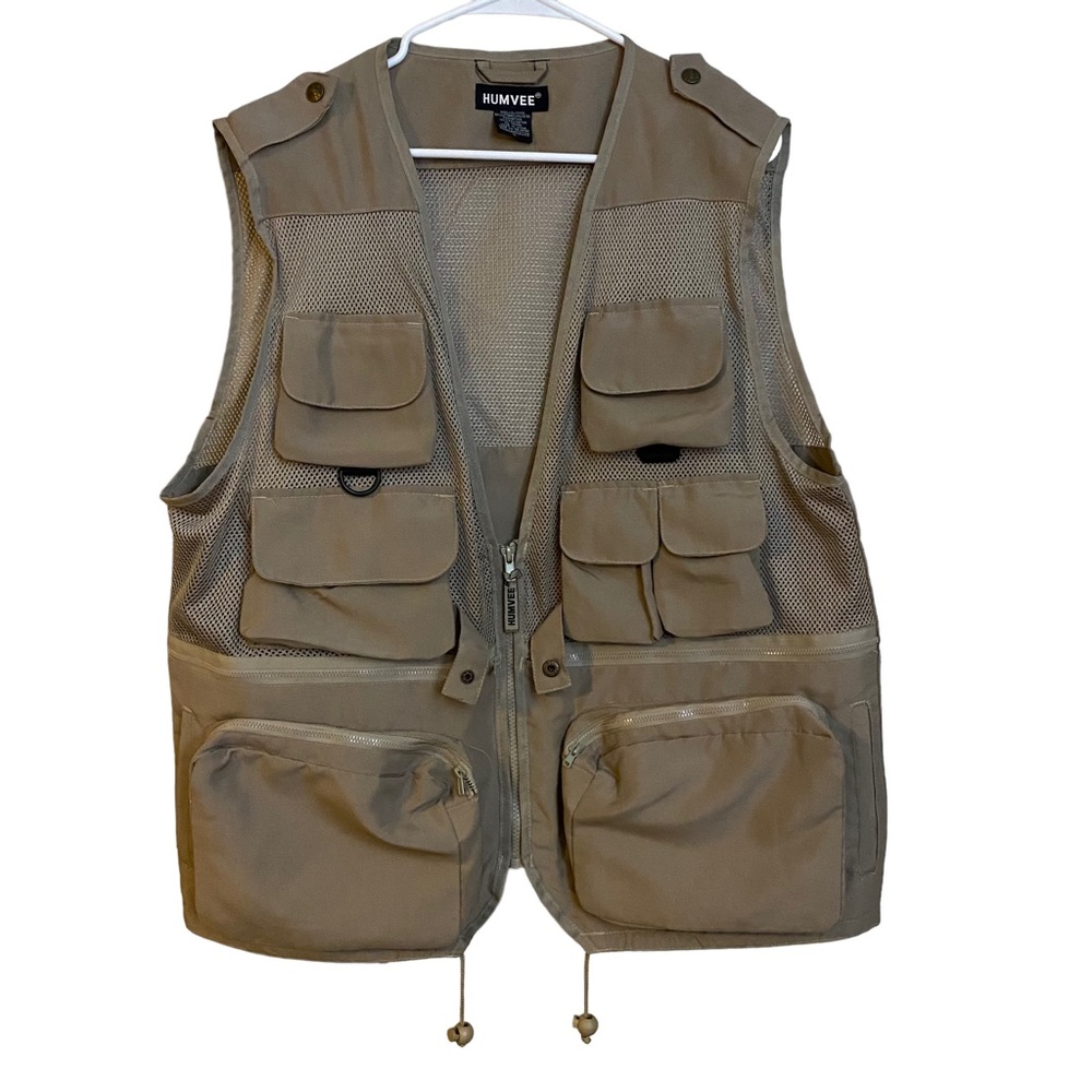 HUMVEE Combat Vest Pockets Safari Fishing Hunting Khaki Tan Men's Size Large